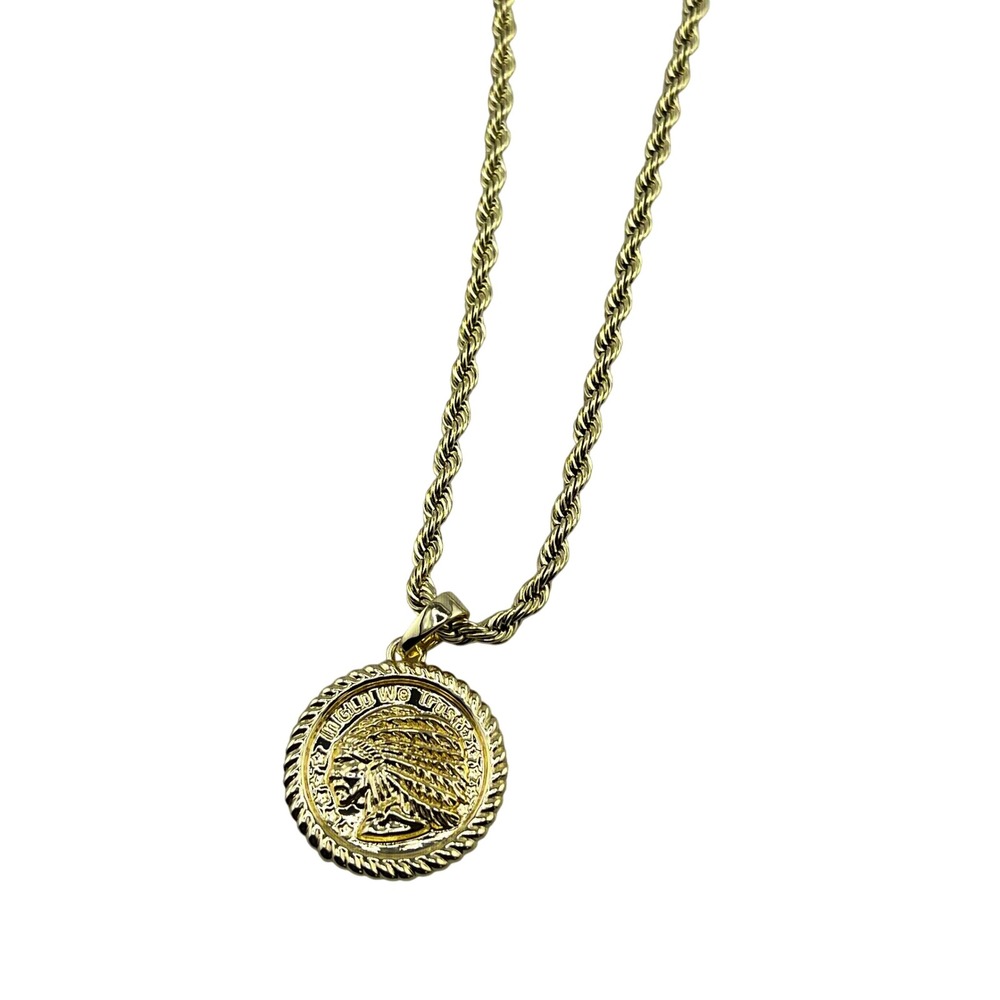 GLD 4MM Rope Chain Necklace 20‎ Inch Gold Tone w/ Chief Coin Pendant Mens - Picture 5 of 7